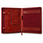 Open red leather portfolio with card slots and document holders.