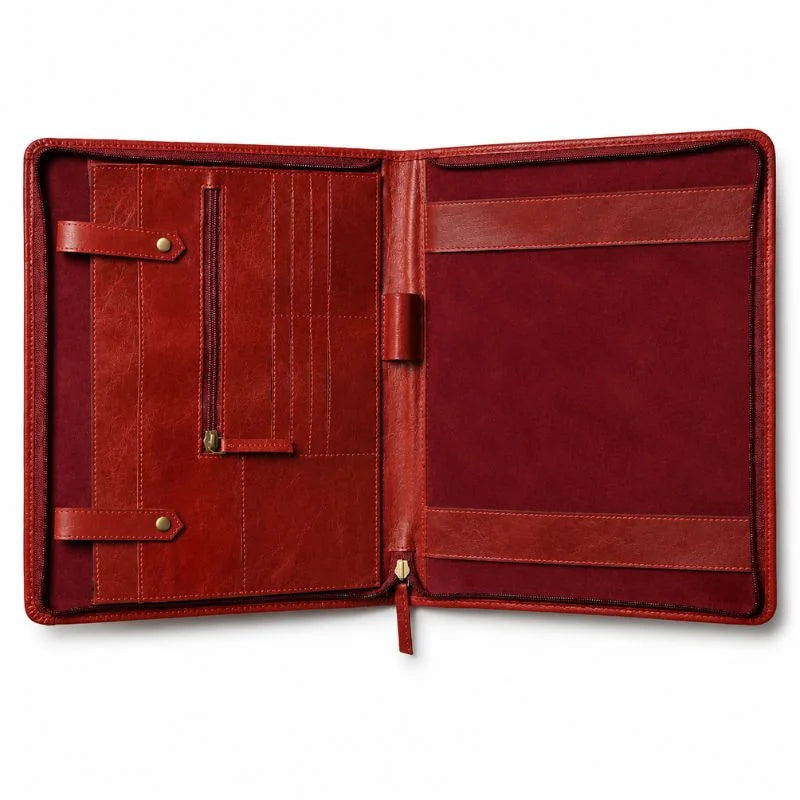 Open red leather portfolio with card slots and document holders.