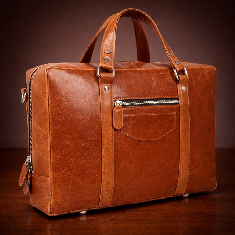 Brown leather bag with zippers on a dark background