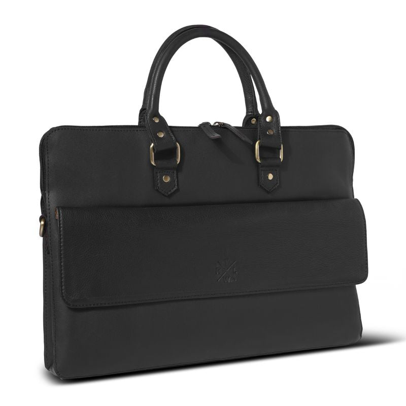 Black leather laptop bag  on a white background