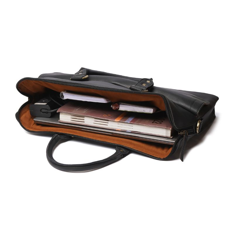 Black leather laptop bag with interior compartments on a white background
