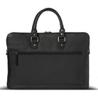 Black leather laptop bag with good hardware on a white background