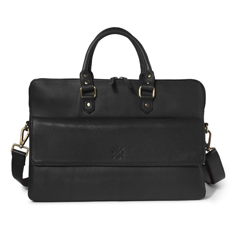 Black leather laptop bag on a white background