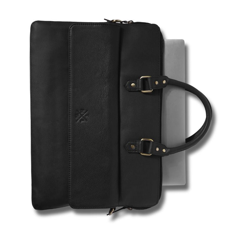 Black leather laptop bag on a white background
