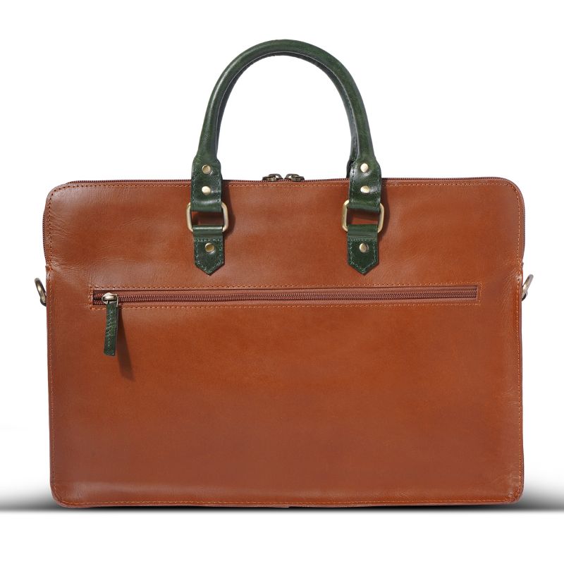 Brown leather laptop bag  with green handles and trim on a white background
