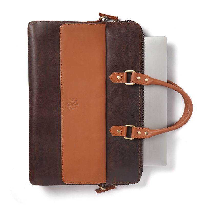 Brown leather laptop bag  with a visible brand logo on a white background