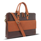 Brown and orange leather laptop bag with a strap on a white background