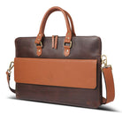 Brown leather laptop bag with a shoulder strap on a white background