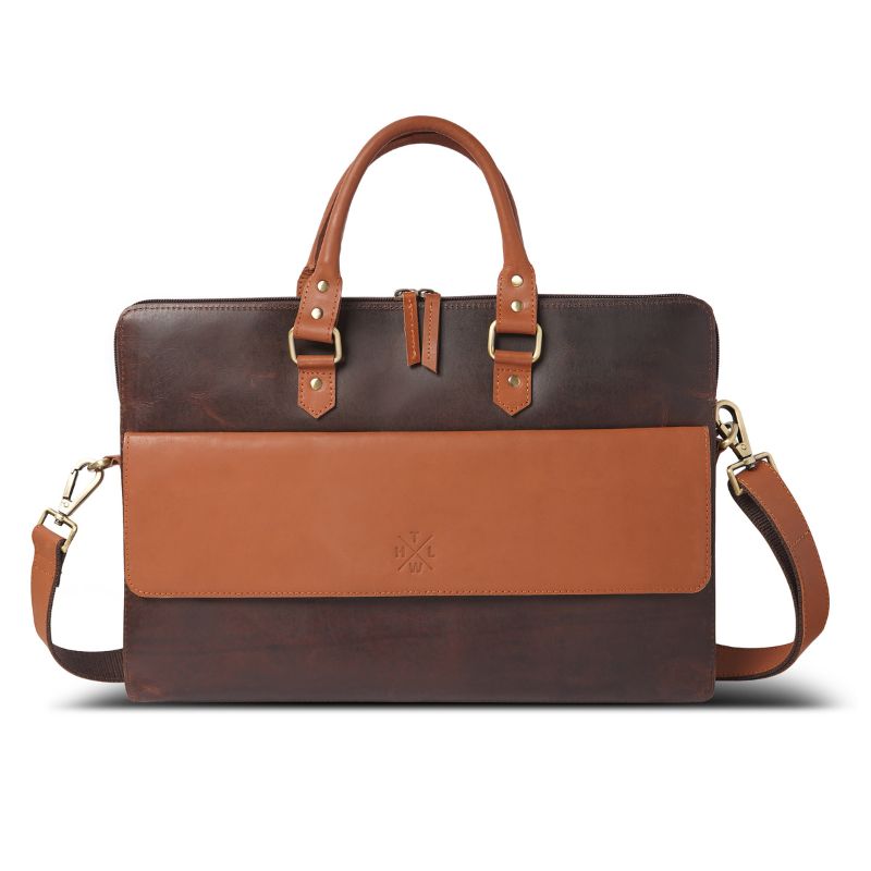 Brown leather laptop bag with a visible brand logo on a white background
