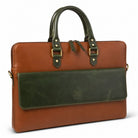 Tan and green leather briefcase on a white background