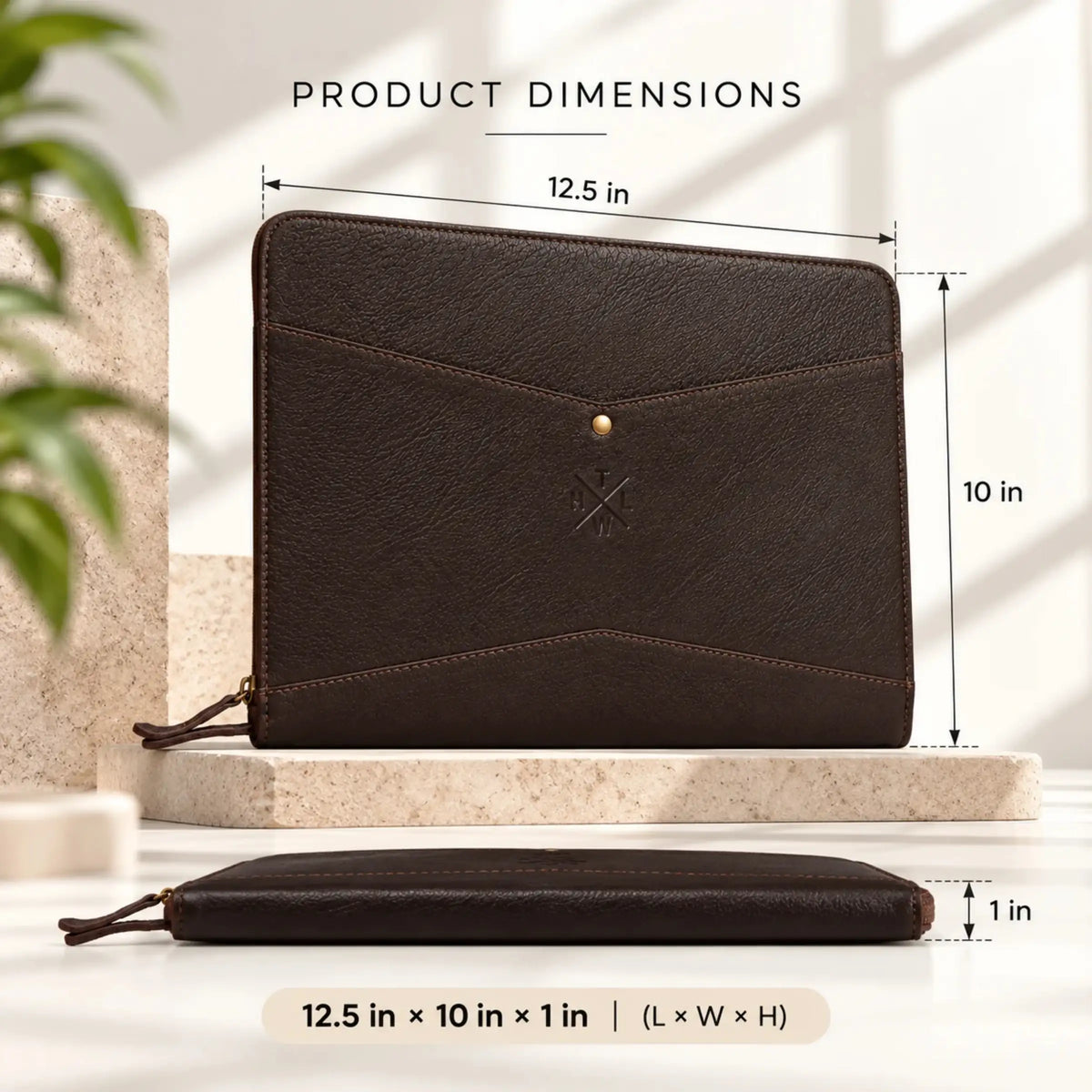 Black leather file folder with zipper on a white background, showing dimensions.