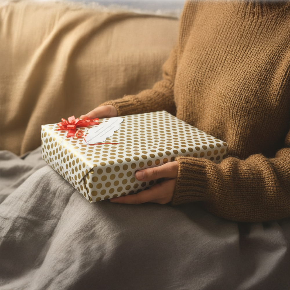 Person holding a wrapped gift with a red bow on a couch