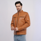 Man wearing a brown leather jacket on a white background