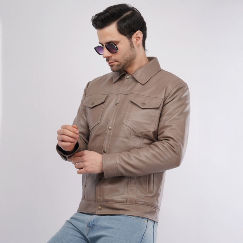 Man wearing a brown leather jacket on a white background