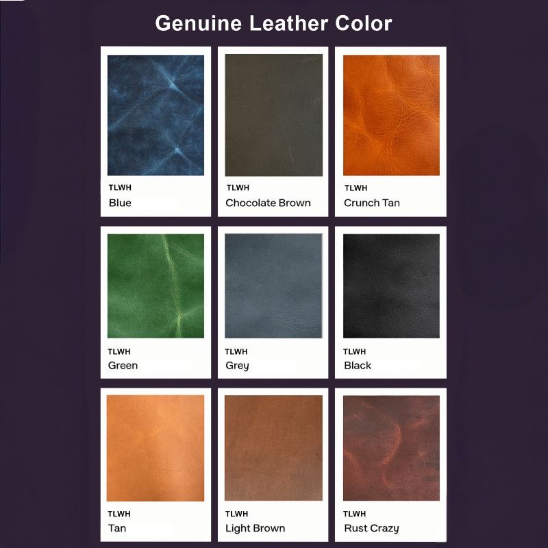 Color swatches of genuine leather in various shades on a dark background
