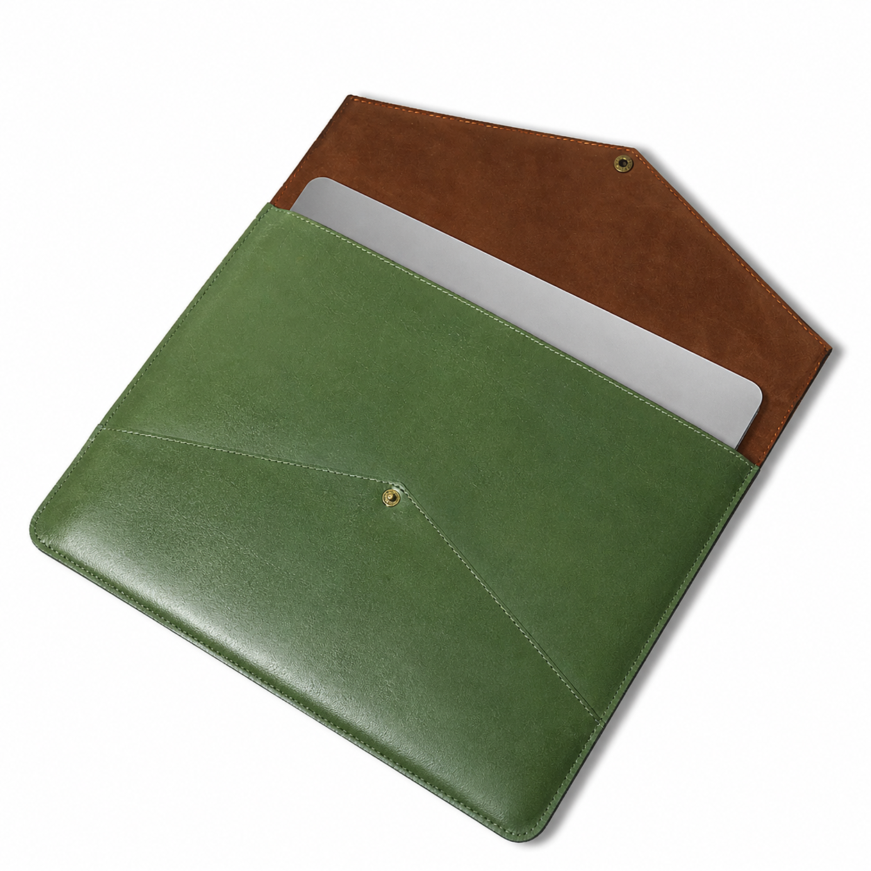 Green and brown leather laptop sleeve on a white background
