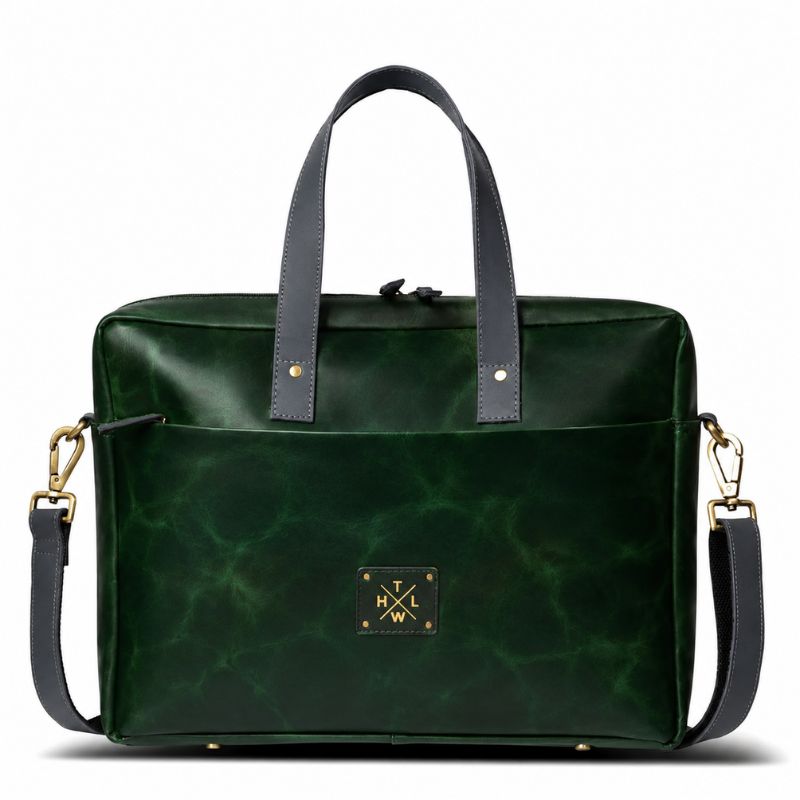 Green leather laptop bag with shoulder strap on a white background