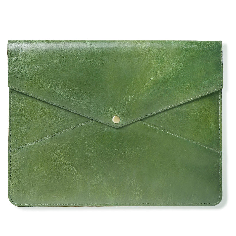 green leather laptop sleeve