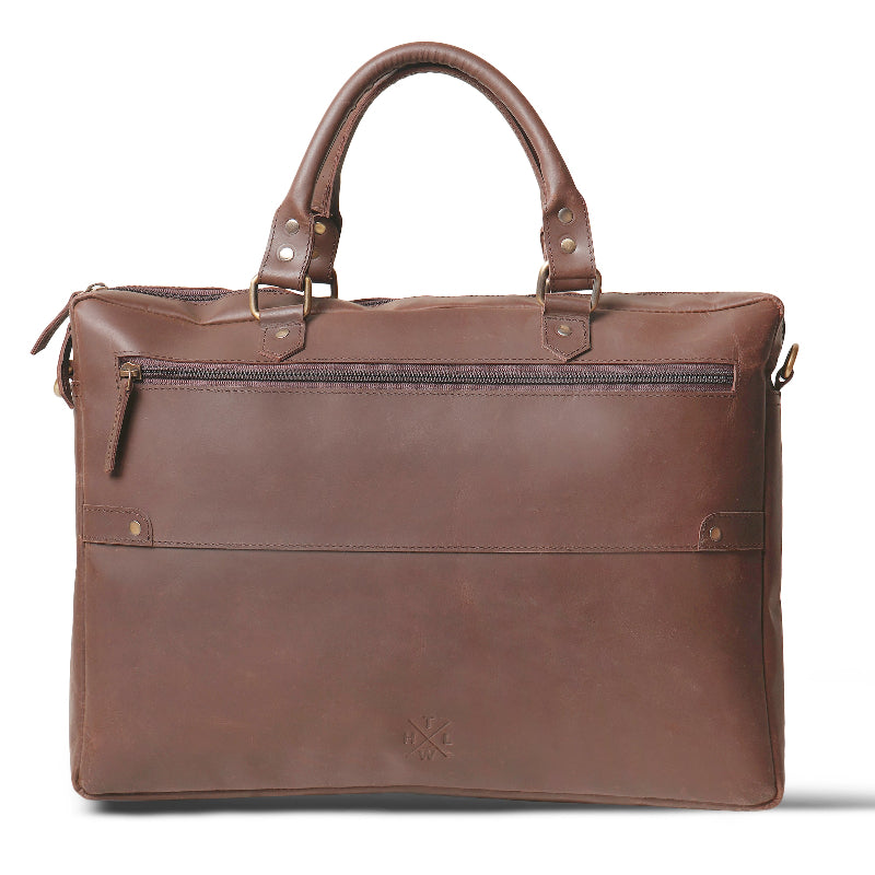 Brown leather briefcase on a white background