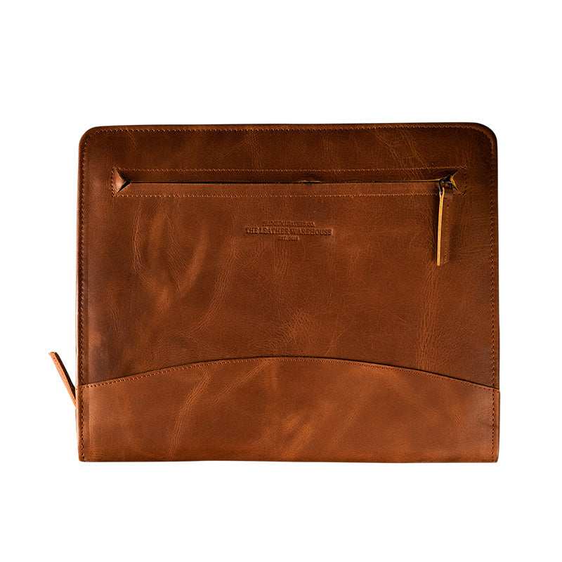 Brown leather document folder with a front zipper pocket and sleek design, embossed with 'The Leather Warehouse' logo.