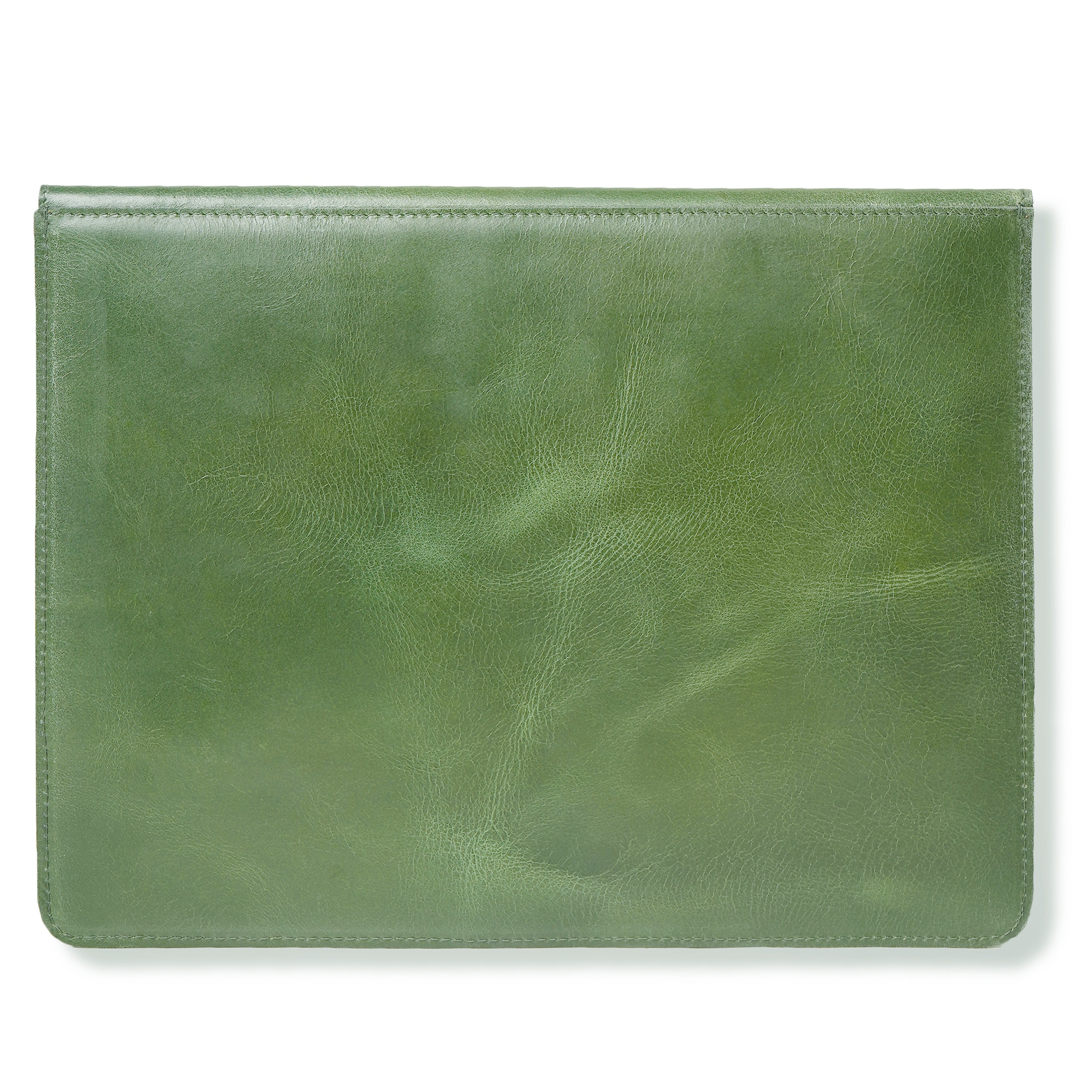 Green leather pouch on a white background