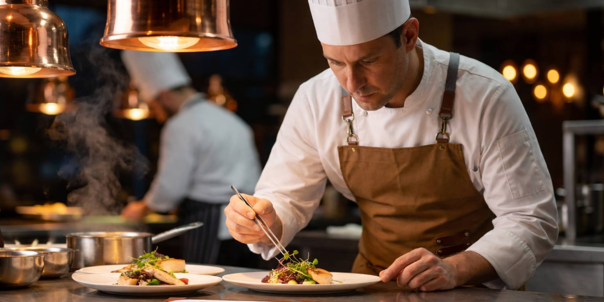 Chef in a professional kitchen garnishing dishes with steam rising in the background