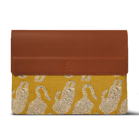 laptop sleeve  with yellow patterned flap on a white background
