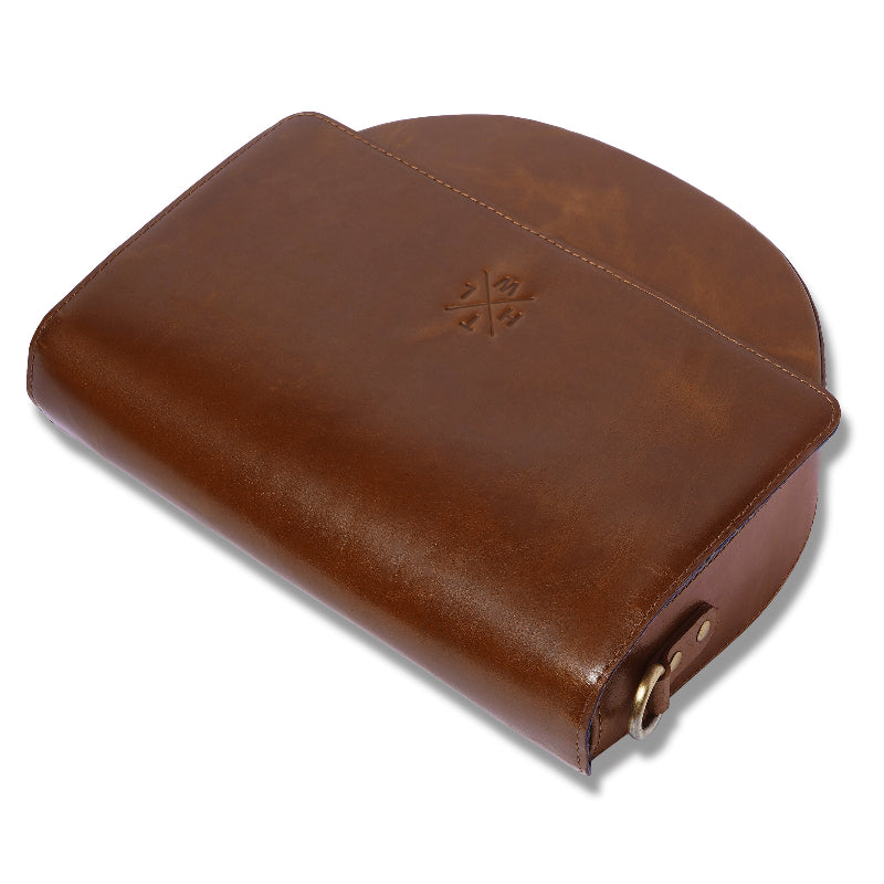 Brown leather case with a logo on a white background