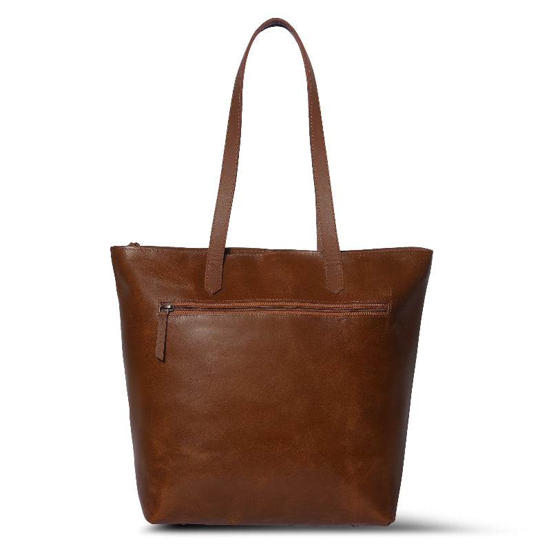 Brown leather tote bag on a white background