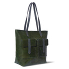 Green leather tote bag with dark gray straps on a white background