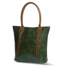 Green tote bag with brown handles and straps on a white background