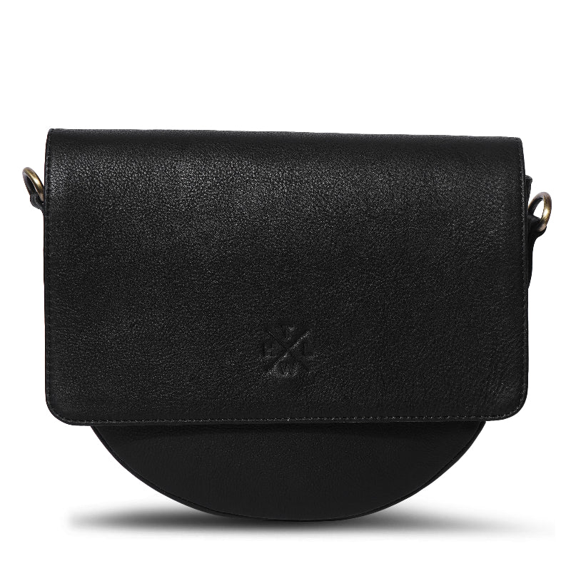Black leather handbag with a visible brand logo on a white background