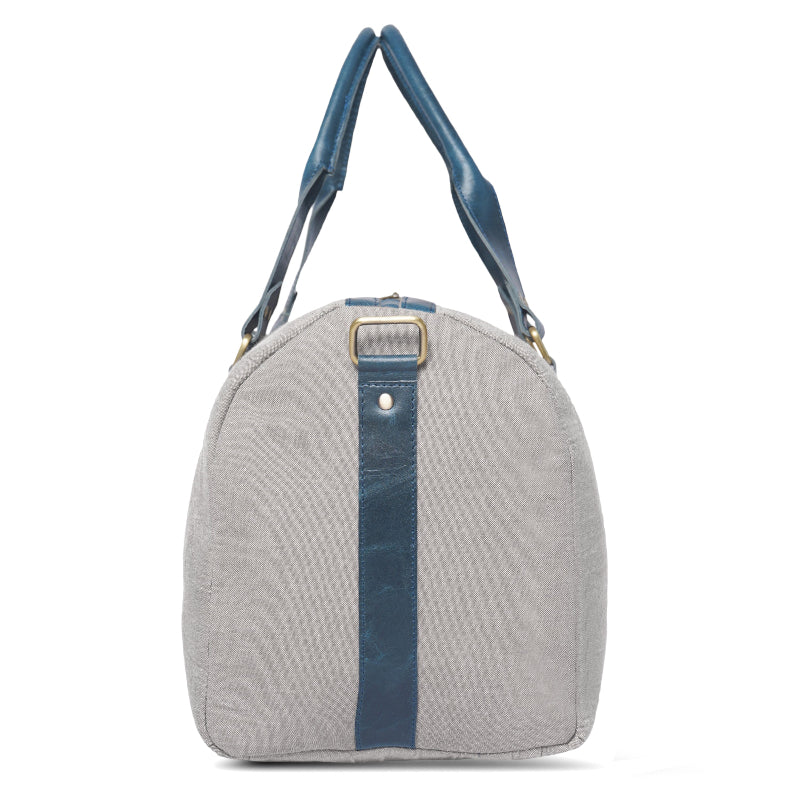 Gray handbag with blue straps on a white background