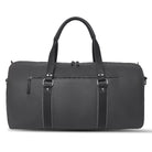 Black leather duffel bag on a white background