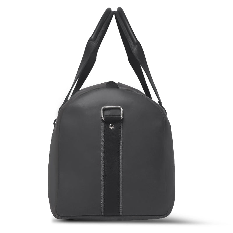Black duffel bag with a strap on a white background