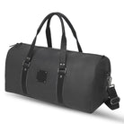 Black duffel bag with leather straps on a white background