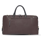 Brown leather duffel bag with black handles on a white background
