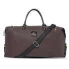 Brown duffel bag with black strap on a white background
