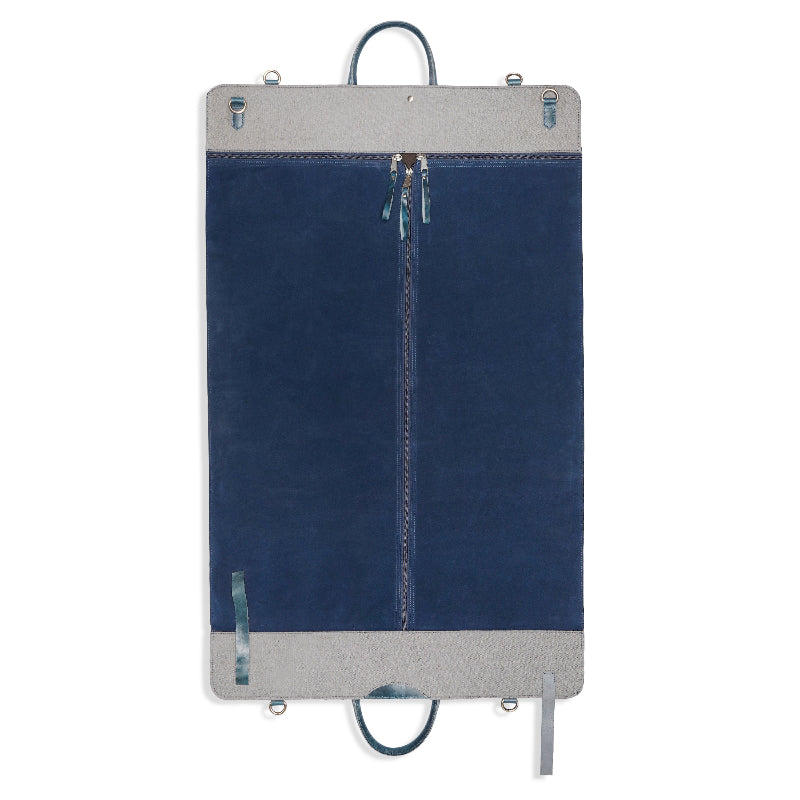 Blue and gray garment bag with a zipper on a white background