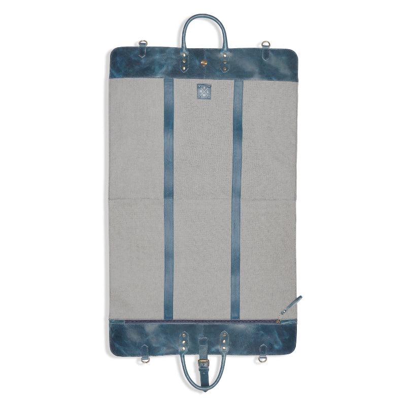 Gray and blue garment bag with handles on a white background