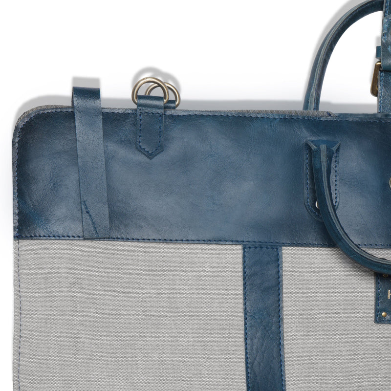 Blue and gray tote bag with a handle on a white background