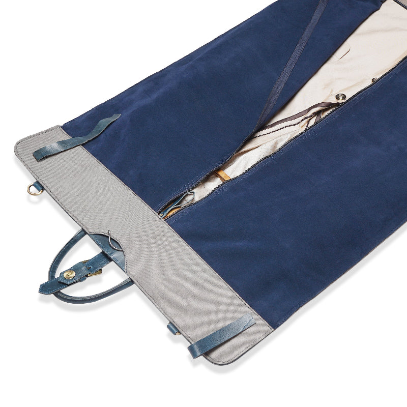 Blue and gray garment bag on a white background