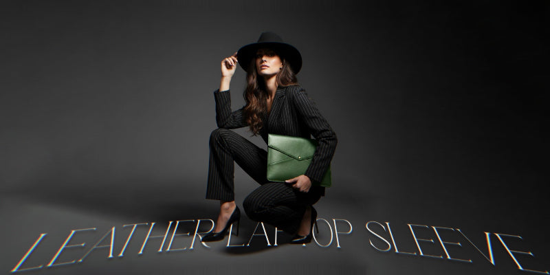 Woman holding a green clutch against a dark background with text overlay