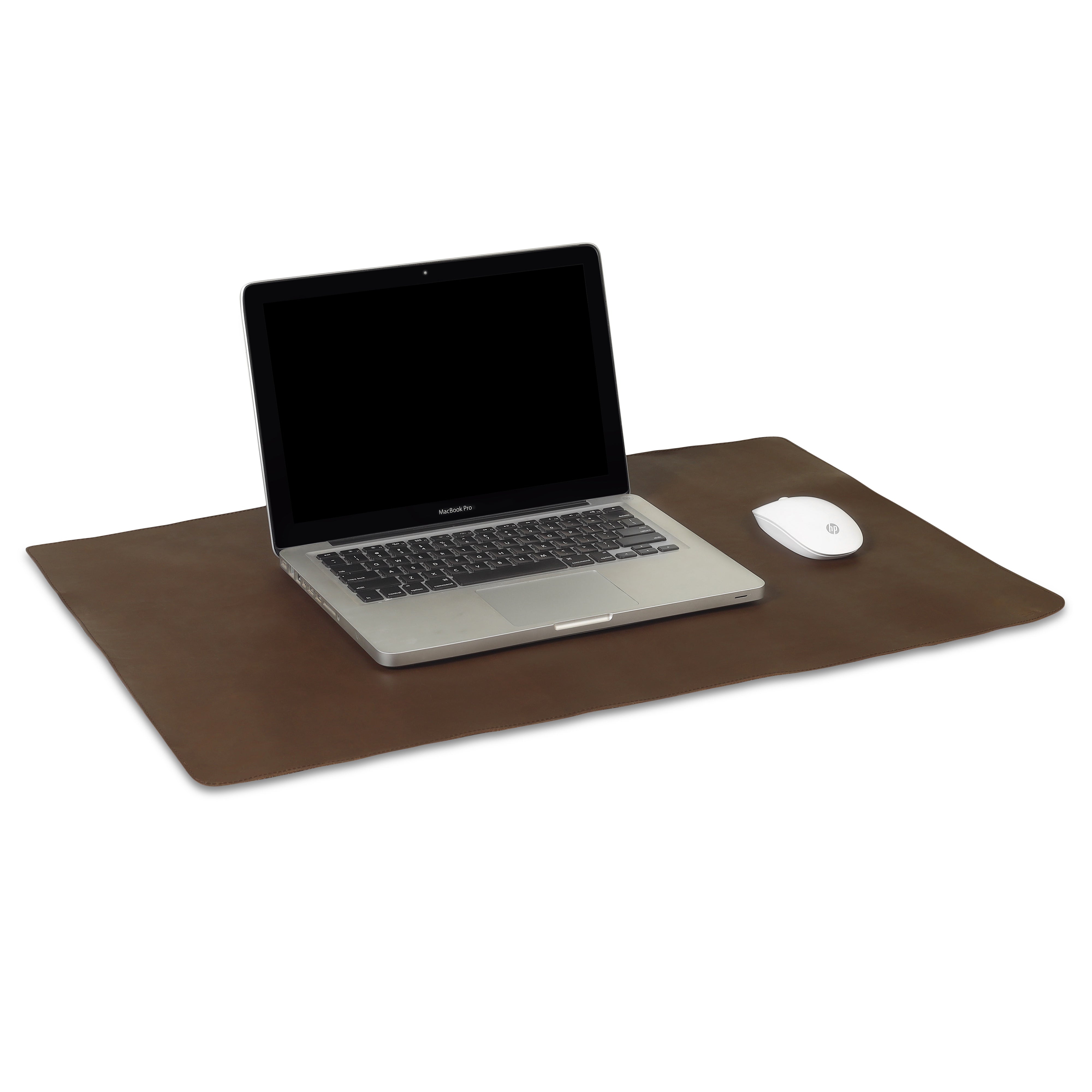 A brown leather desk mat with a silver MacBook Pro laptop and a white wireless mouse placed neatly on top.