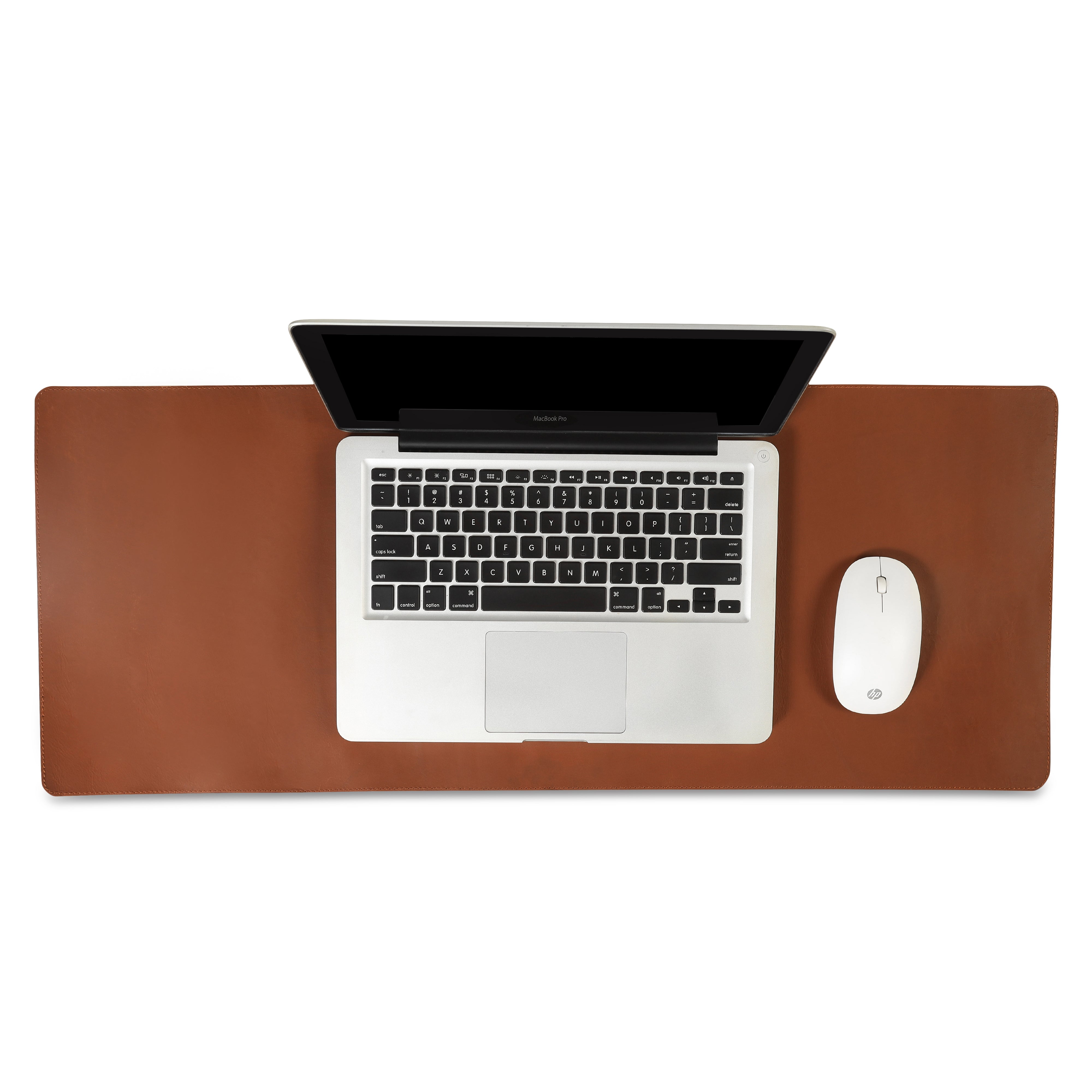 A brown leather desk mat with a laptop and white wireless mouse placed neatly on top, showcasing an organized workspace setup.