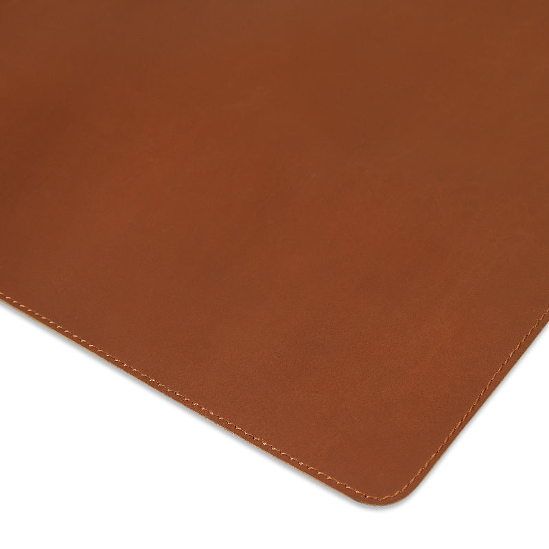 Brown leather desk mat with a white background