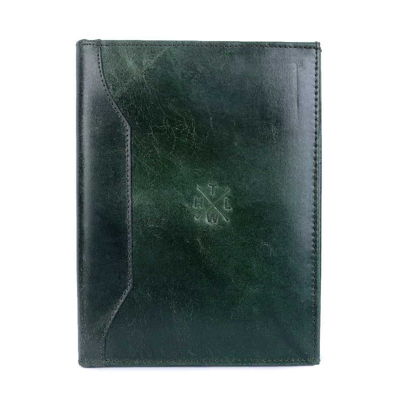 Green leather  menu cover with a brand logo on a white background
