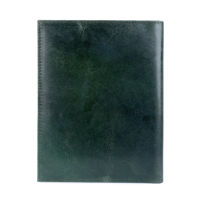 Green leather menu cover on a white background