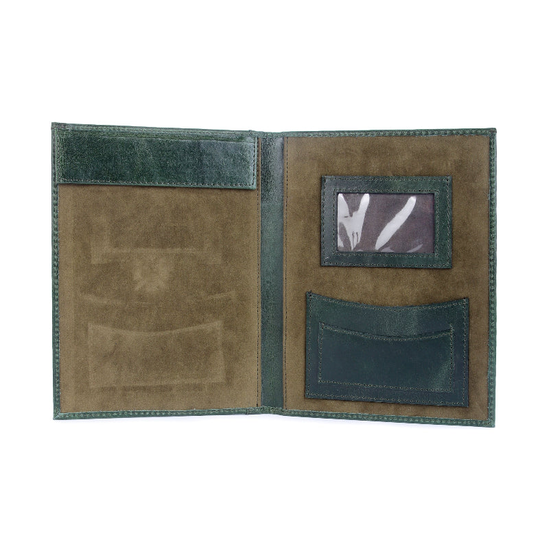 Open leather  menu cover with card slots and a pocket on a white background