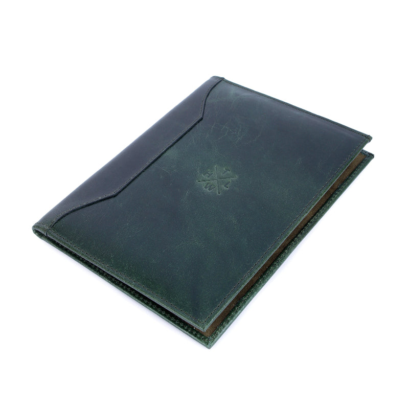 Green leather menu cover with a brand logo on a white background
